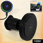 Wireless magnetic phone mount securely holding a smartphone in a car.