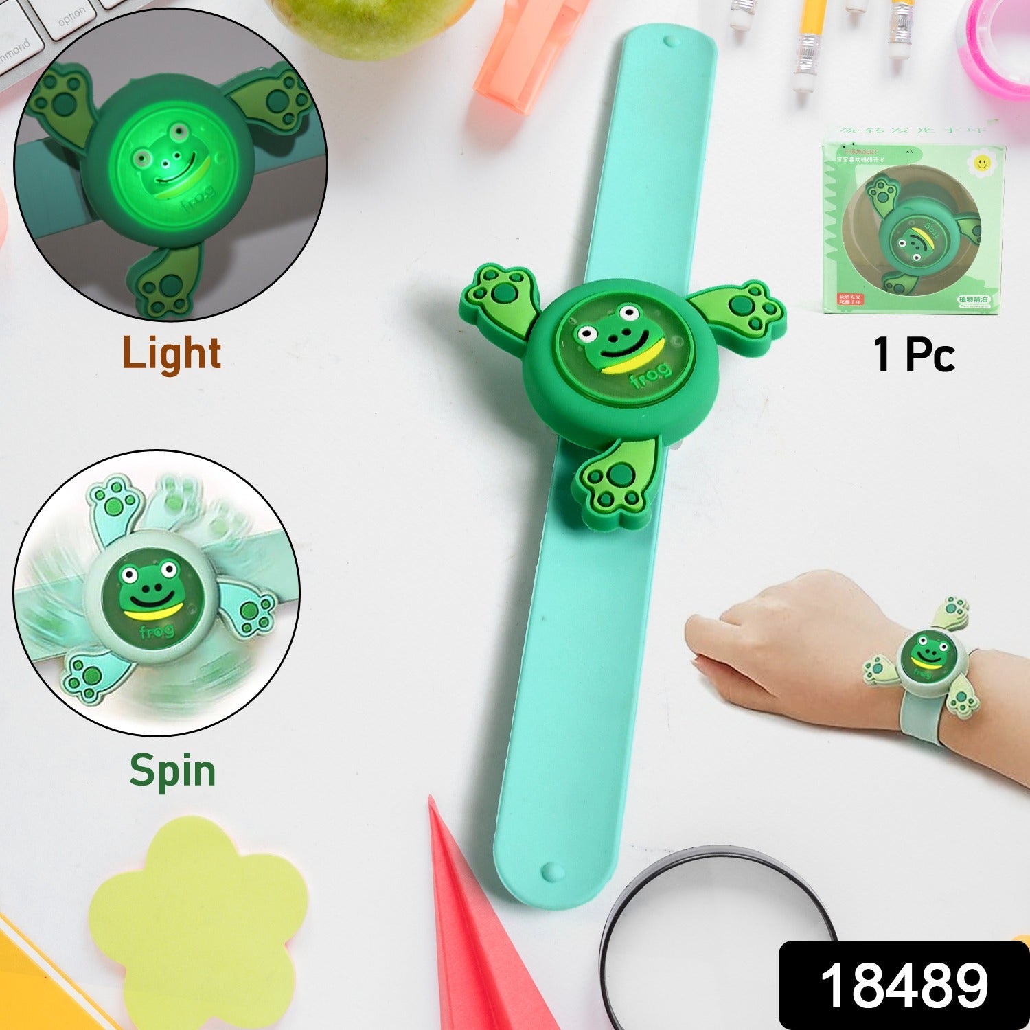 Kids LED Slap Bracelet with a spinning cartoon character glowing brightly.