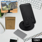 Side view of the adjustable rotating mobile stand holding a smartphone at an ergonomic angle on a white surface.