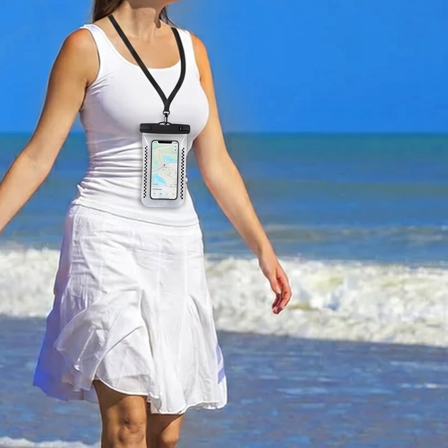 Beach lifestyle scene with waterproof mobile pouch