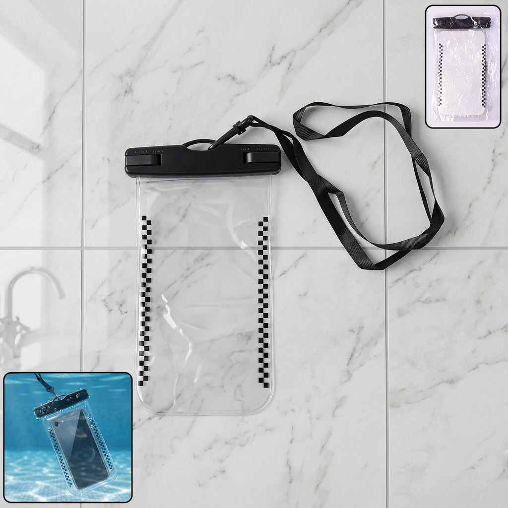 Universal waterproof mobile pouch with black lanyard
