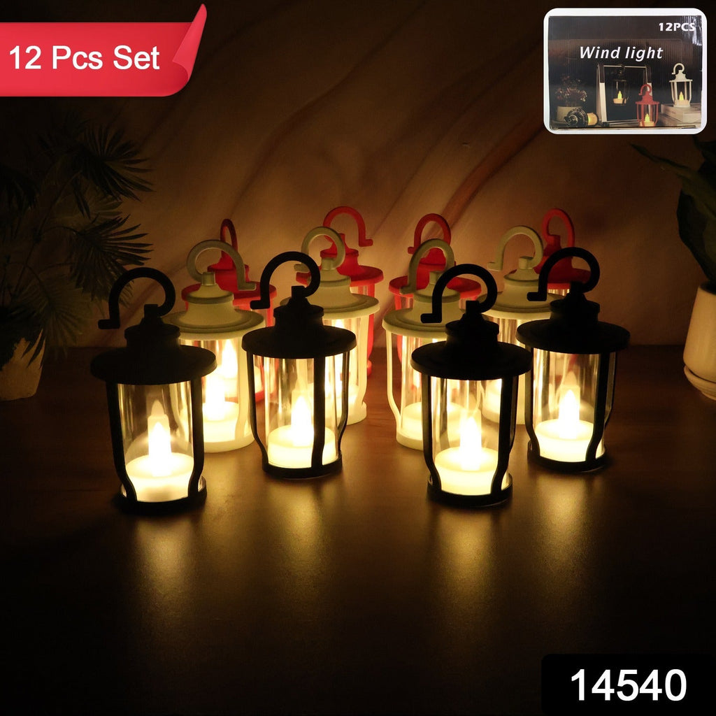 Decorative lantern shaped flameless LED candles lit, creating warm ambience