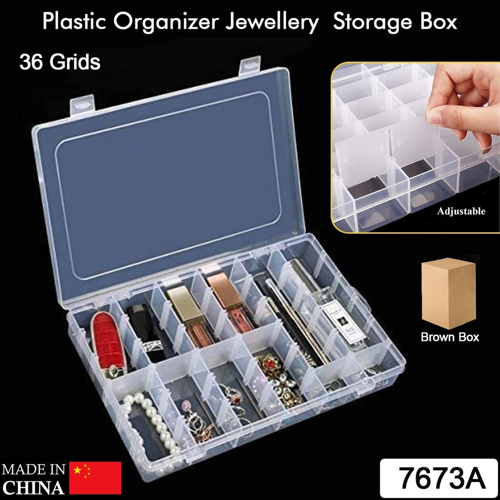 Transparent plastic storage box perfect for organizing jewelry and small items.