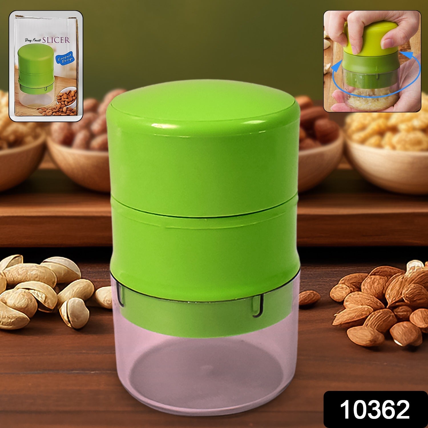 Hand using the Konvex dry fruit cutter to slice almonds and other nuts.