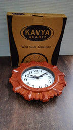 Aesthetic wooden look round wall clock elegantly displayed in a contemporary room setting.