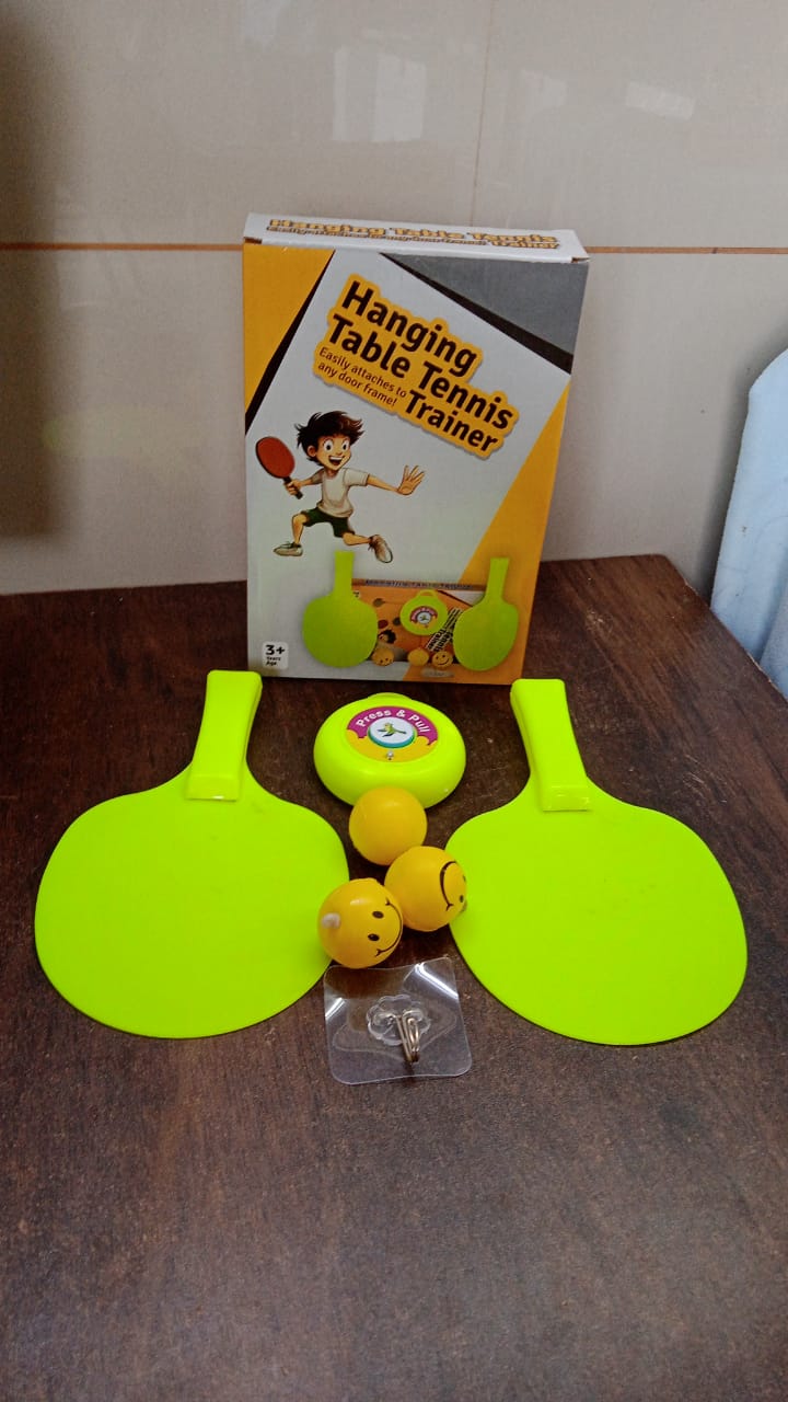 The Dollovia portable table tennis kit components neatly arranged, highlighting its compact design.