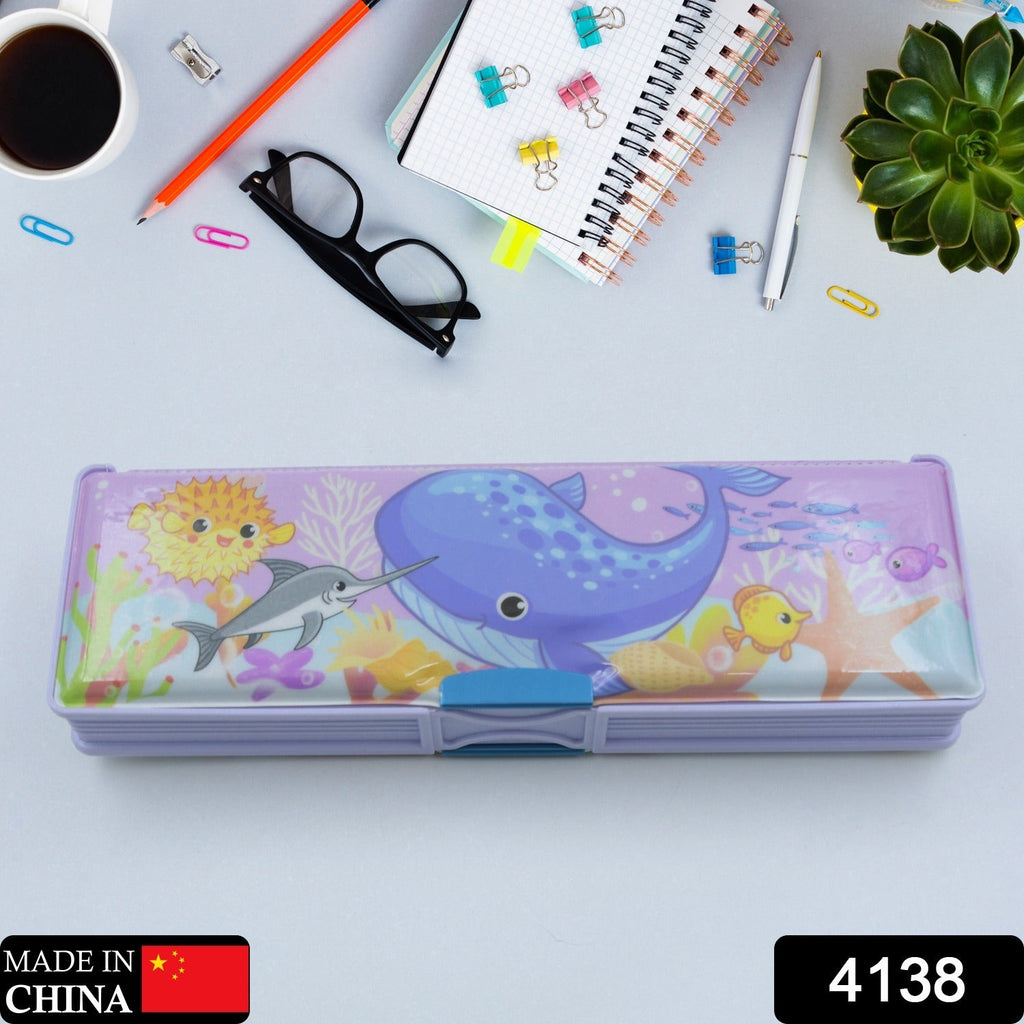 Open cartoon pencil case showcasing two spacious compartments for stationery.