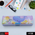 Open cartoon pencil case showcasing two spacious compartments for stationery.