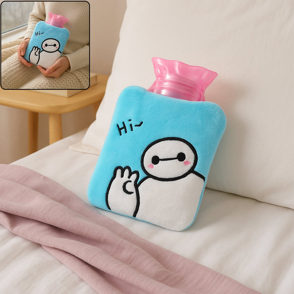 Blue Baymax hot water bag with its soft fabric cover for pain relief.