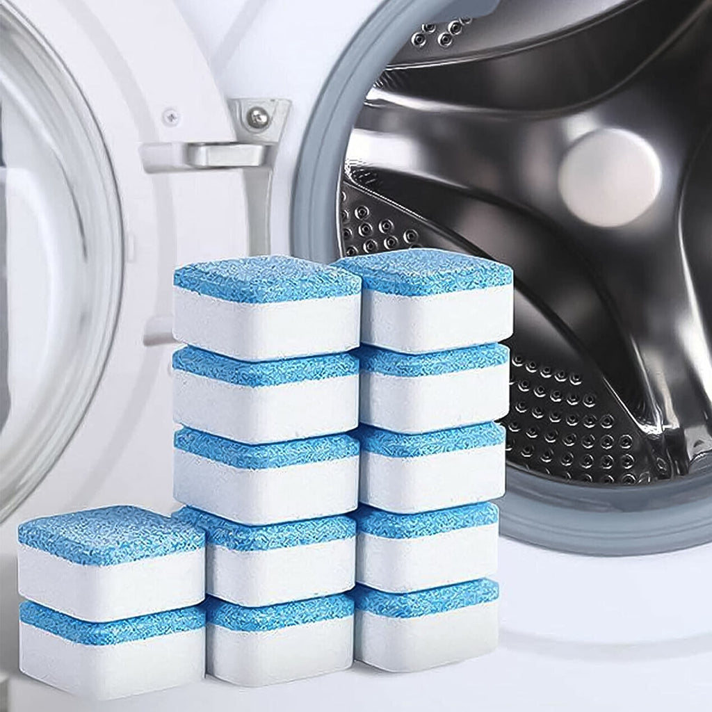 Close-up view of effervescent washing machine cleaning tablets.