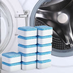 Close-up view of effervescent washing machine cleaning tablets.