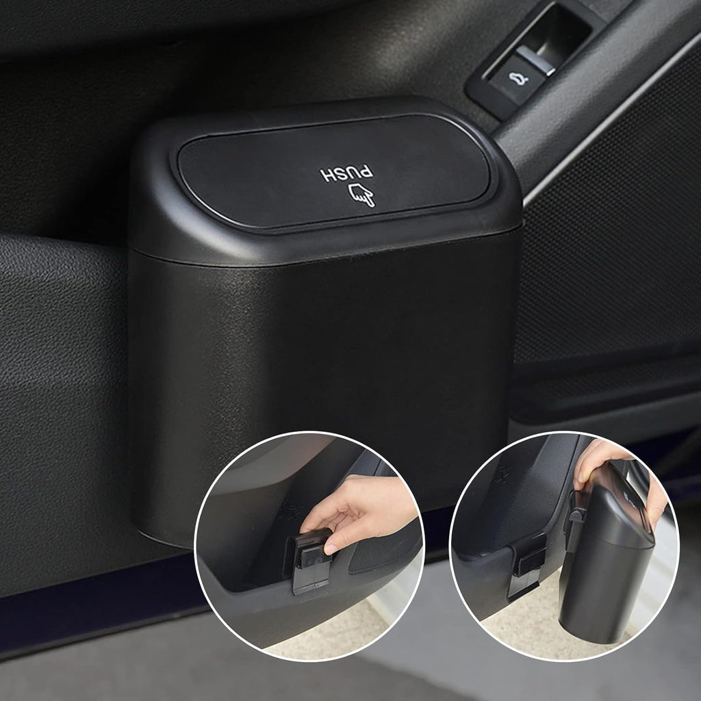Mini car trash can with auto-rebound lid hanging inside vehicle