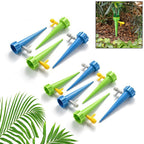 Set of adjustable plant watering spikes with slow release valves.
