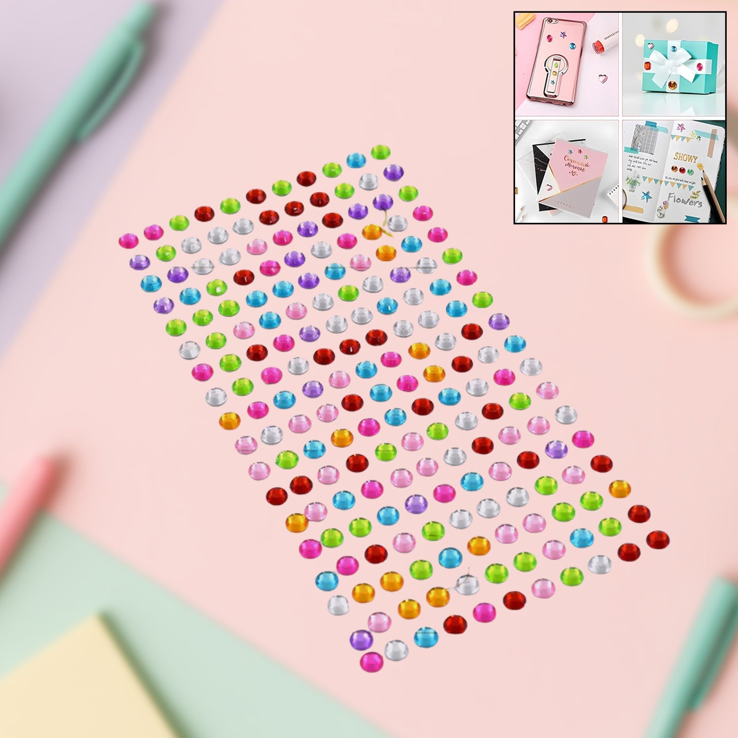 Sheet of multi-size self adhesive crystal stickers with various shapes.