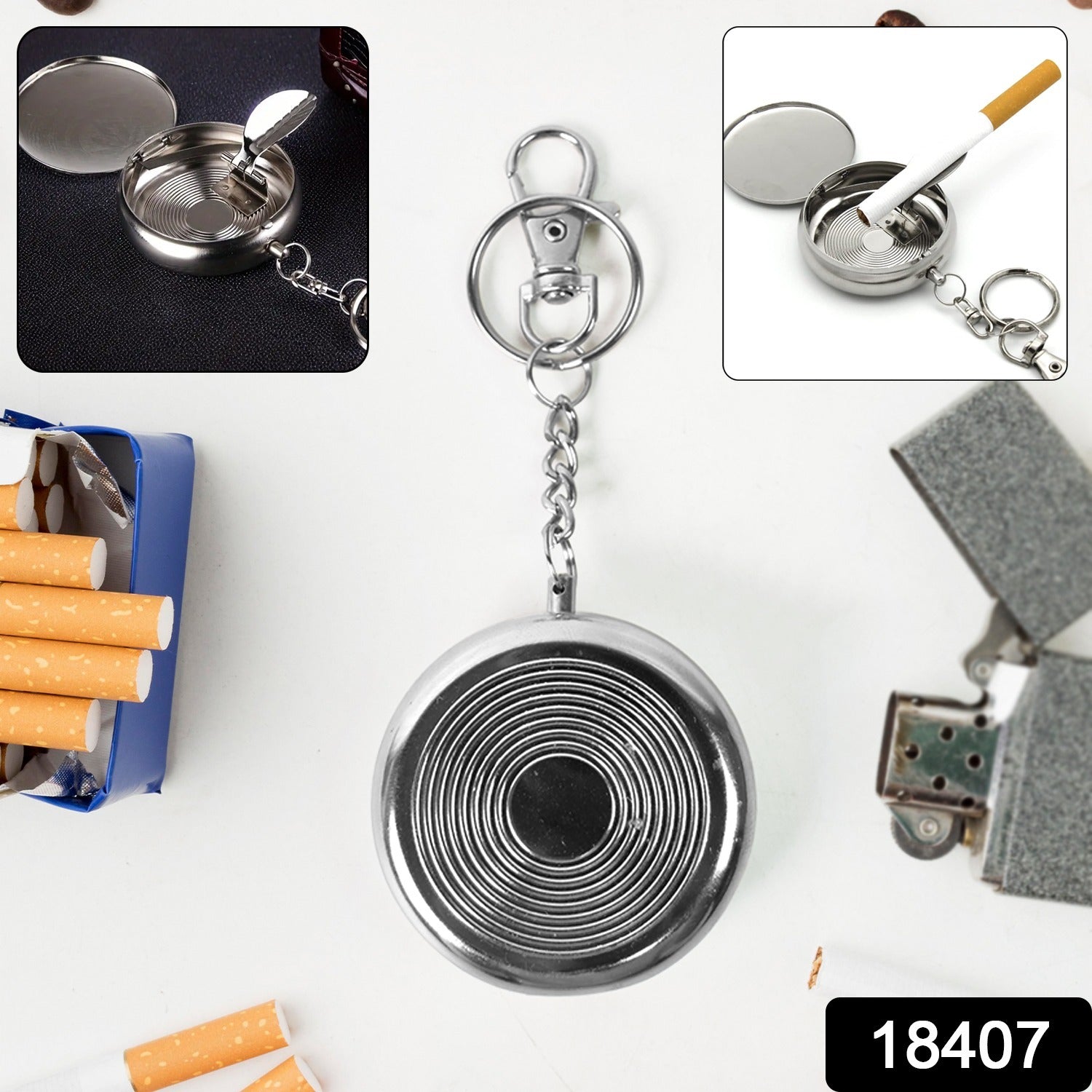 Portable stainless steel ashtray with keychain attachment