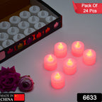 Red LED flameless tealight candle glowing inside a decorative glass holder for safe lighting