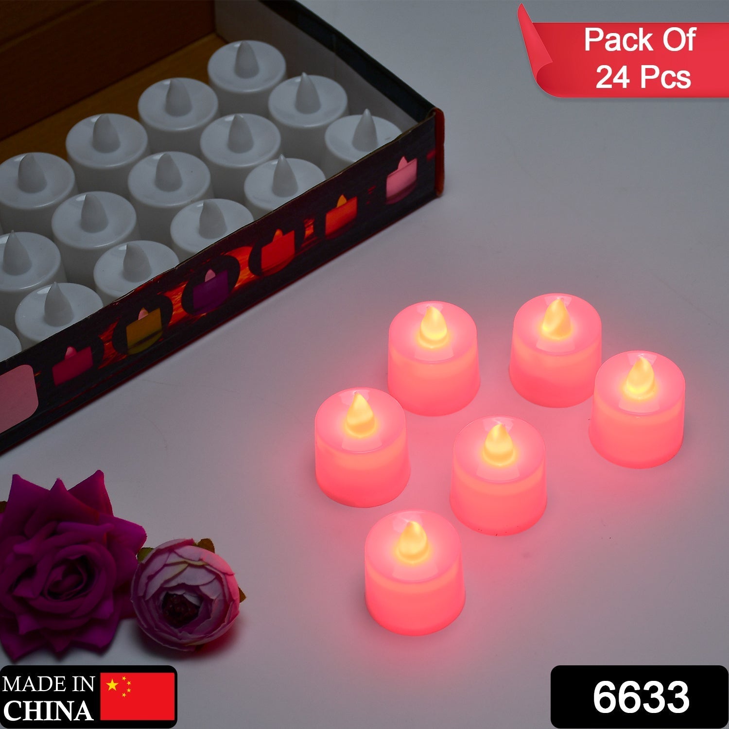 Red LED flameless tealight candle glowing inside a decorative glass holder for safe lighting