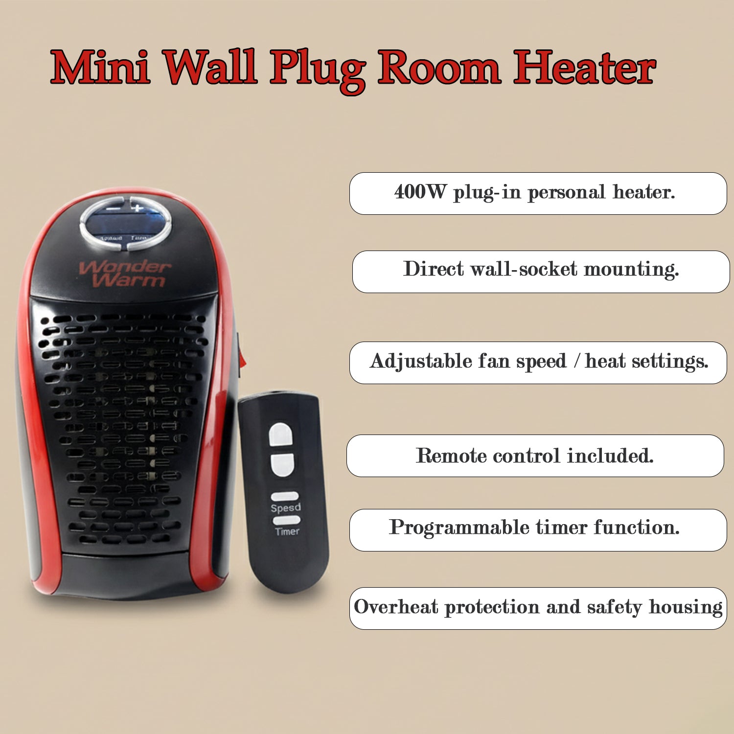 400W wall plug room heater displayed alongside its remote control