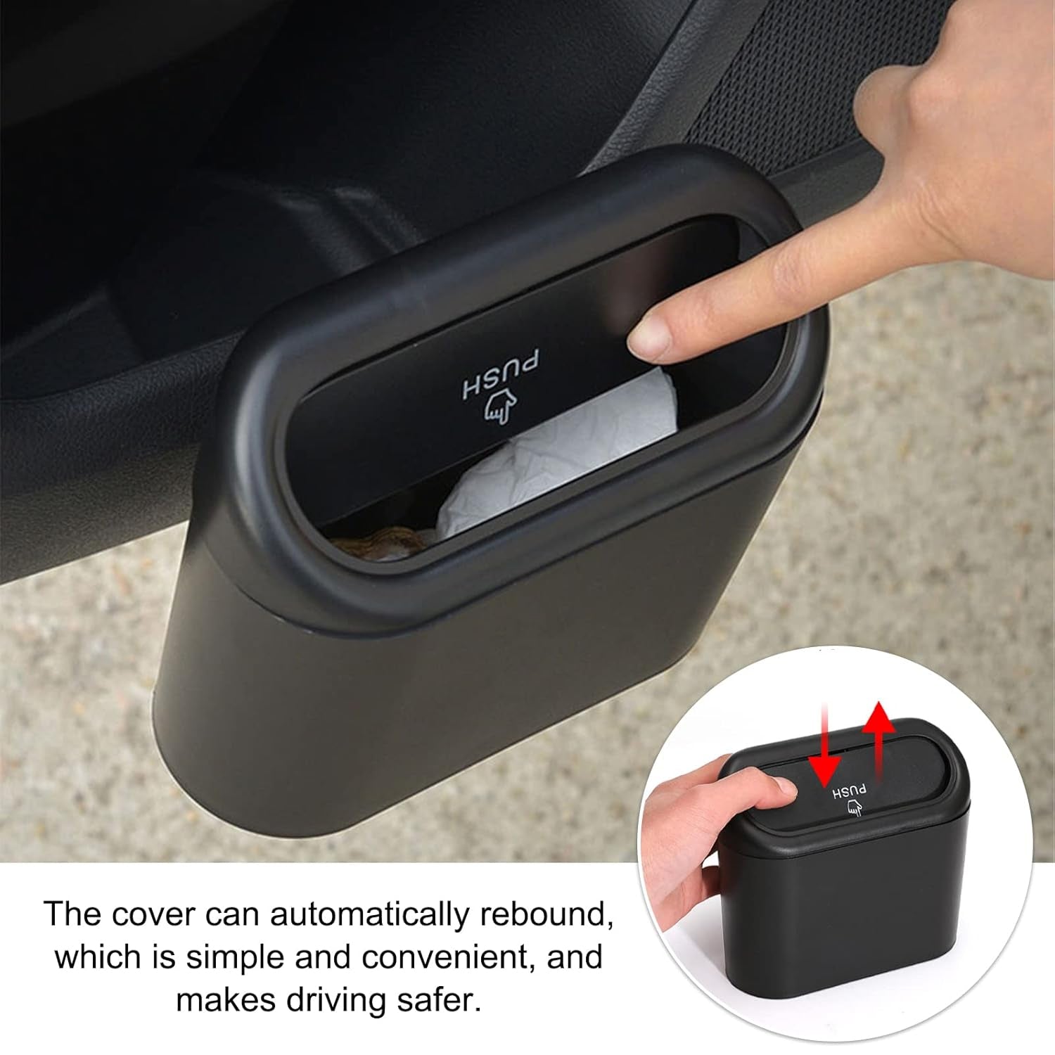 RoadBuddy brand car trash can mounted neatly in vehicle interior