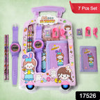 Assorted stationery items like pencils, eraser, and sharpener for kids.