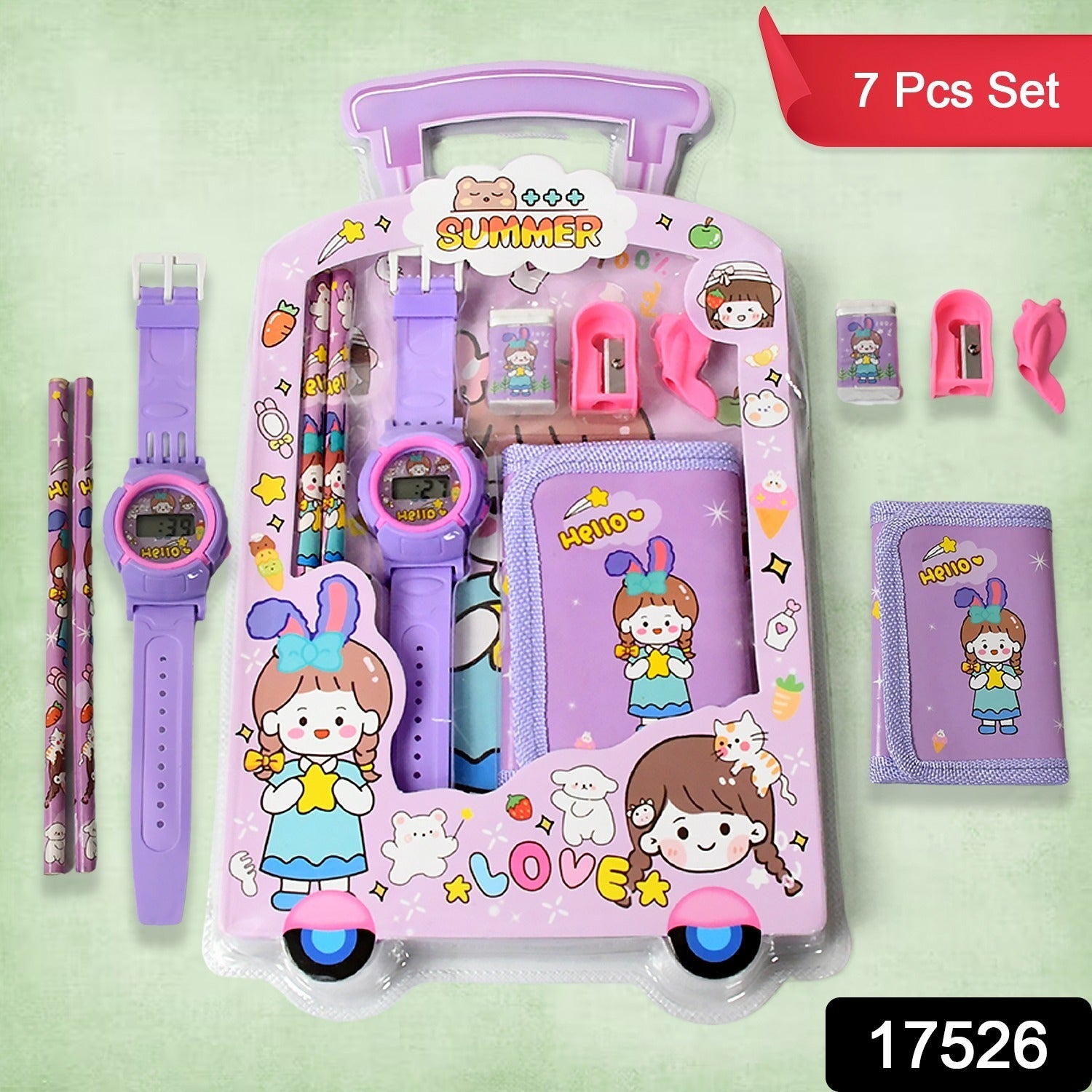 Assorted stationery items like pencils, eraser, and sharpener for kids.