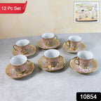 Premium 12-piece porcelain tea cup and saucer set with floral pattern
