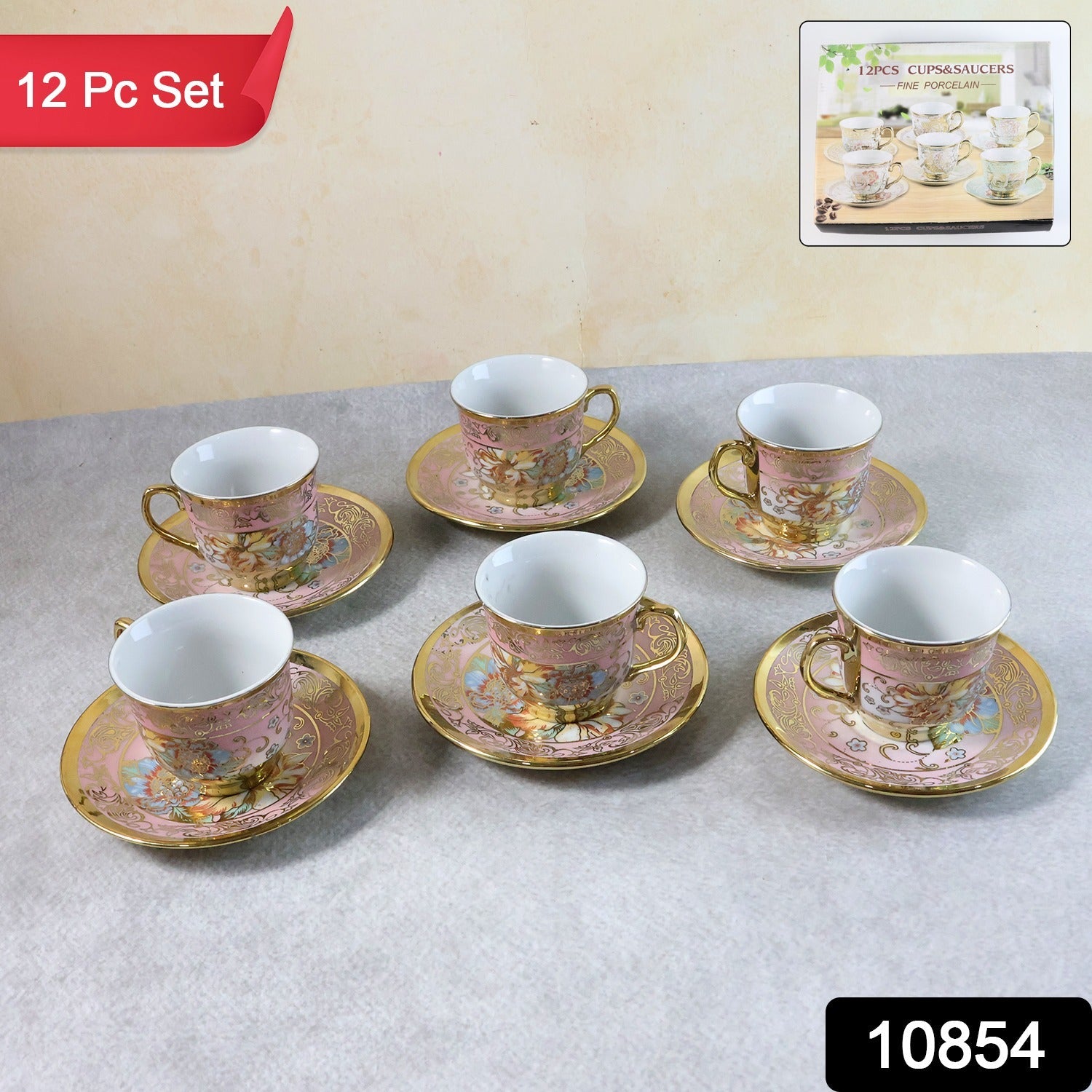 Premium 12-piece porcelain tea cup and saucer set with floral pattern