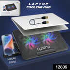 Ergonomic laptop cooling pad shown at an adjustable height with a laptop.