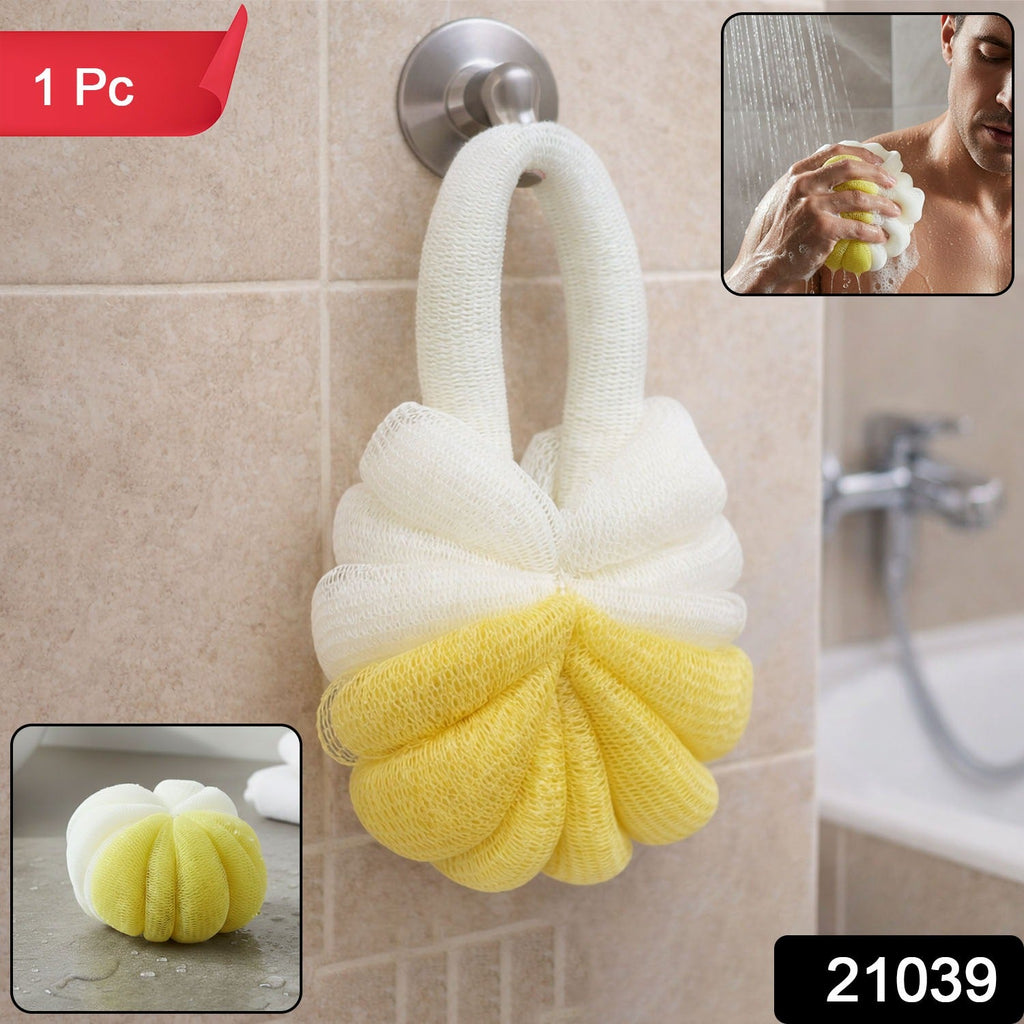 Soft mesh bath loofah body scrubber showing dual colors