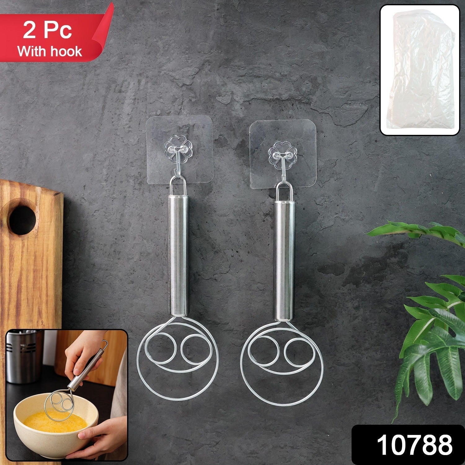 Two stainless steel spiral hand whisks for mixing and whipping