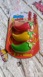 A collection of 3D chili shape erasers, showcasing the variety in the set.