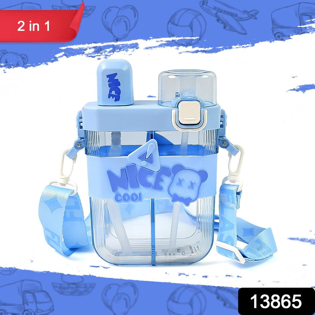 Stylish 2-in-1 snack and drink bottle with ergonomic design for children.