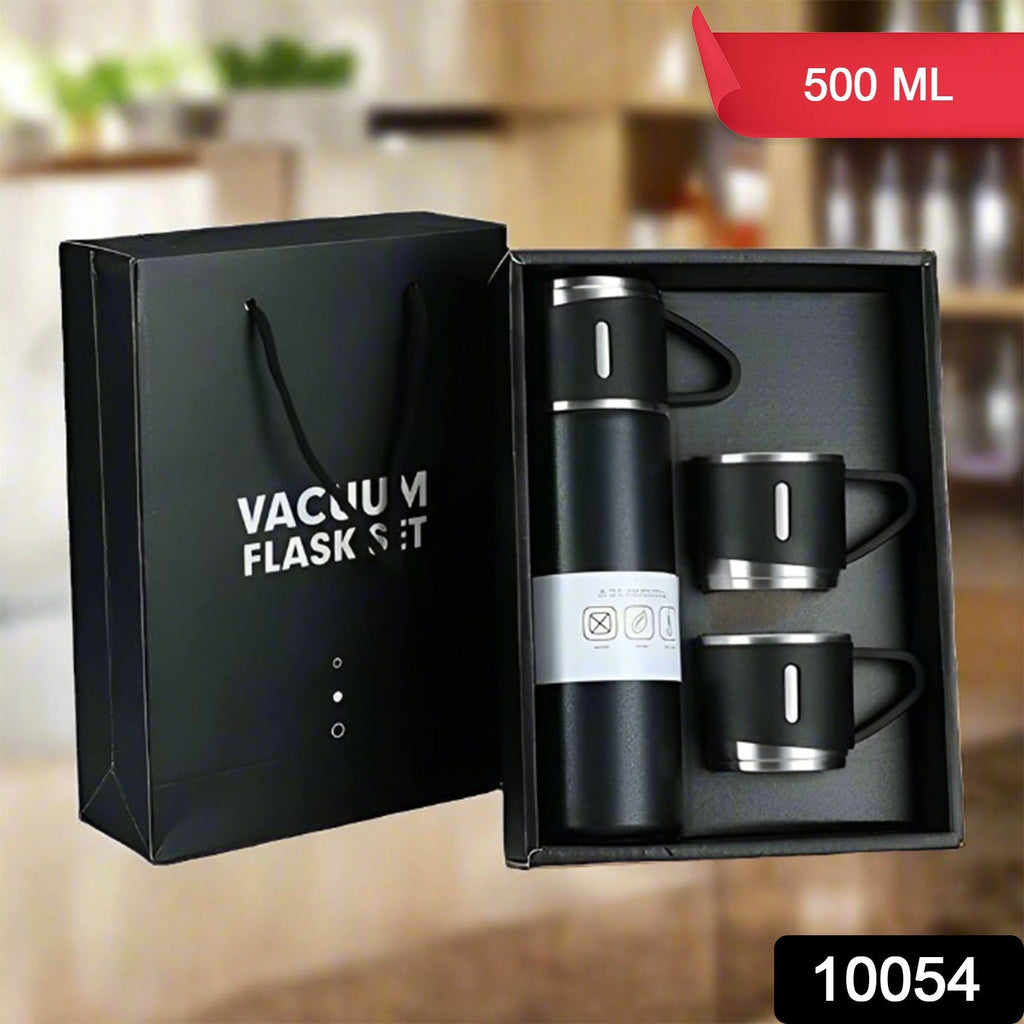 500ml Stainless Steel Vacuum Flask set with three steel cups, ideal for hot or cold drinks.