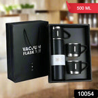 500ml Stainless Steel Vacuum Flask set with three steel cups, ideal for hot or cold drinks.