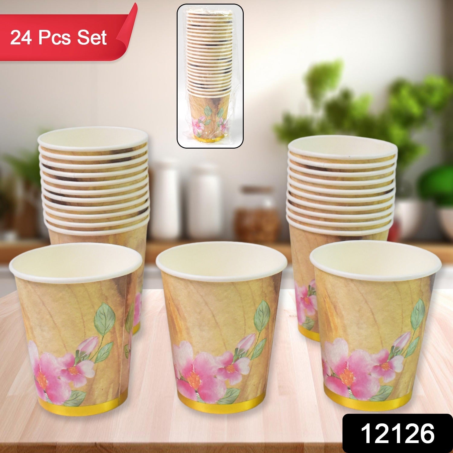 Close-up of a colorful disposable paper cup with a unique pattern, ideal for beverages.