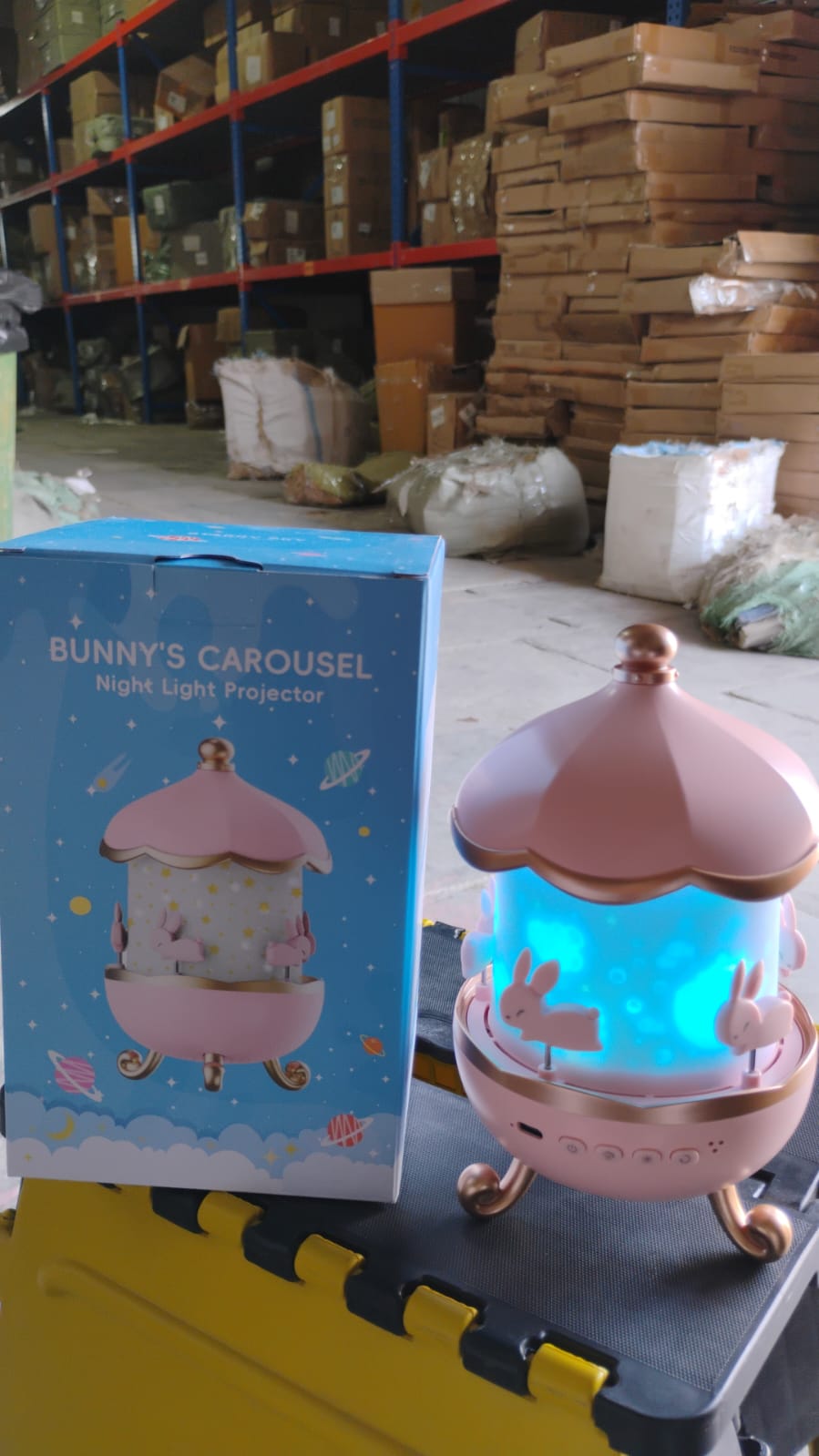 Packaging of Bunny Carousel Rotating LED Night Light with starry projection