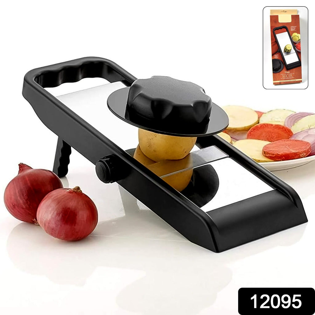 Close-up view of the sharp wavy stainless steel blade of the slicer.