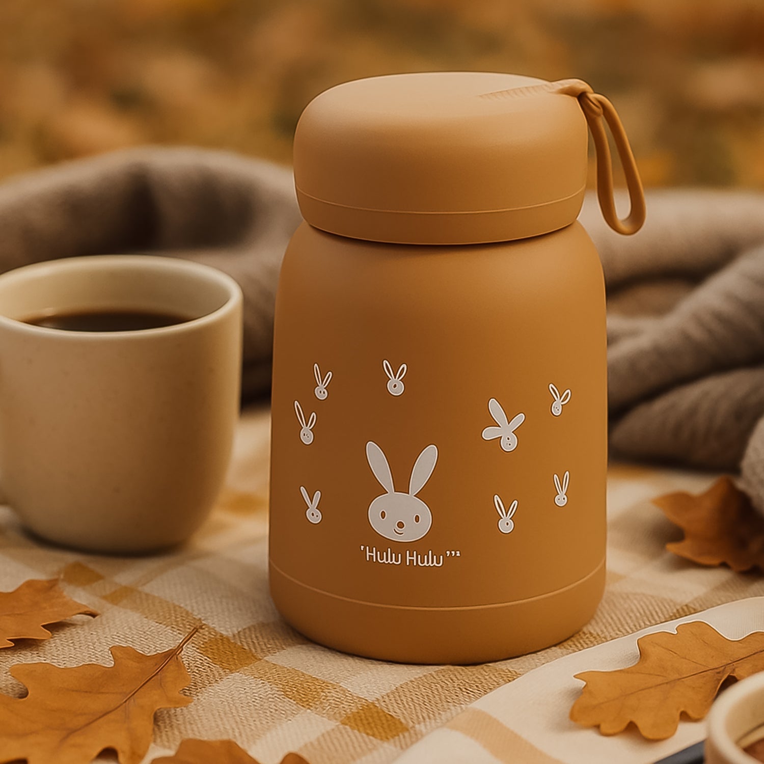 A cute bunny print kids water bottle made of glass, with a blue sipper lid.