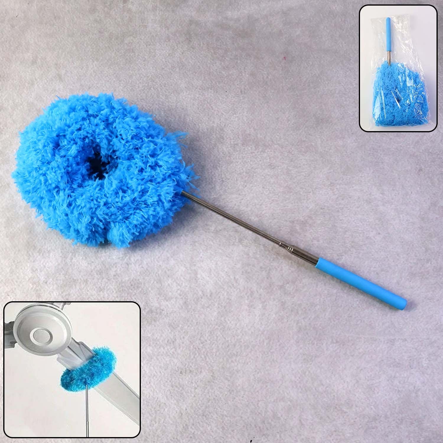 Extendable round cleaning duster featuring a microfiber head for dusting high spots