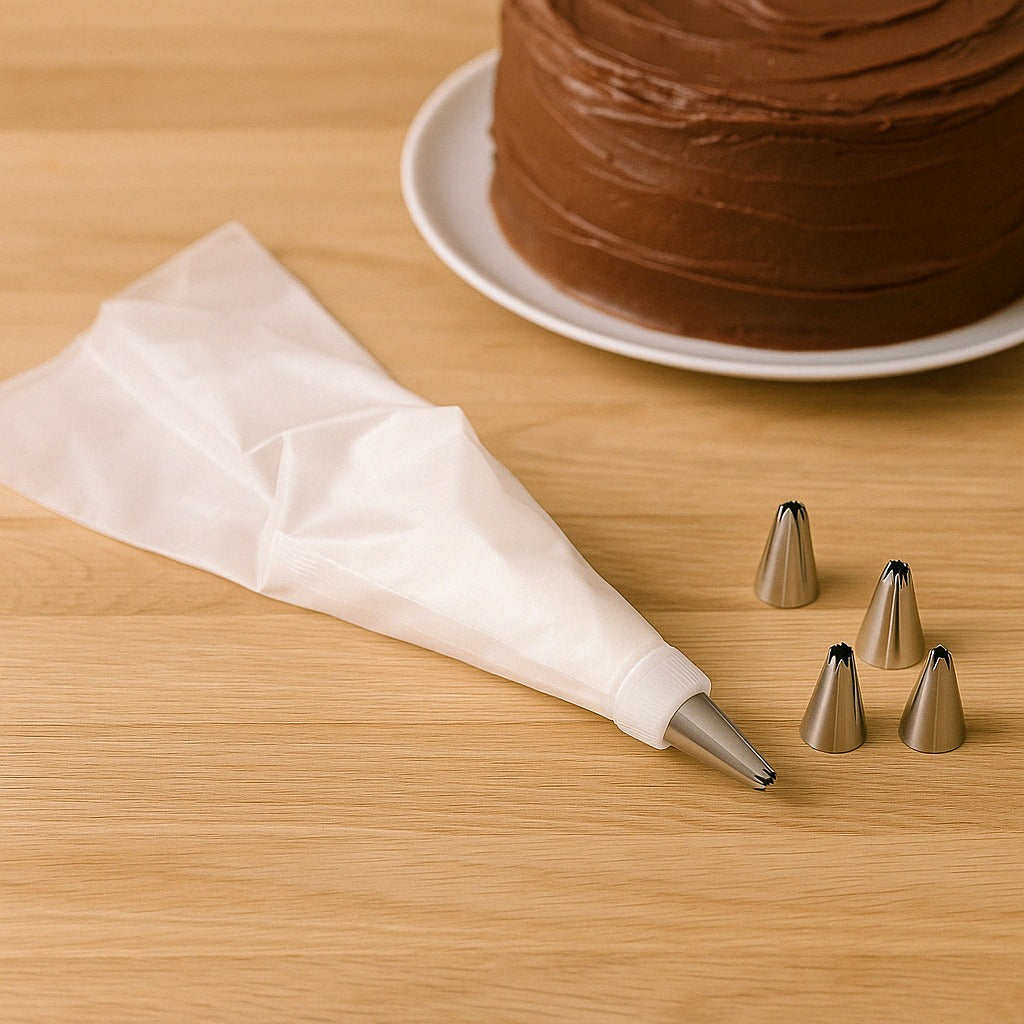 Close-up of assorted stainless steel cake decorating nozzles and transparent piping bags for frosting.