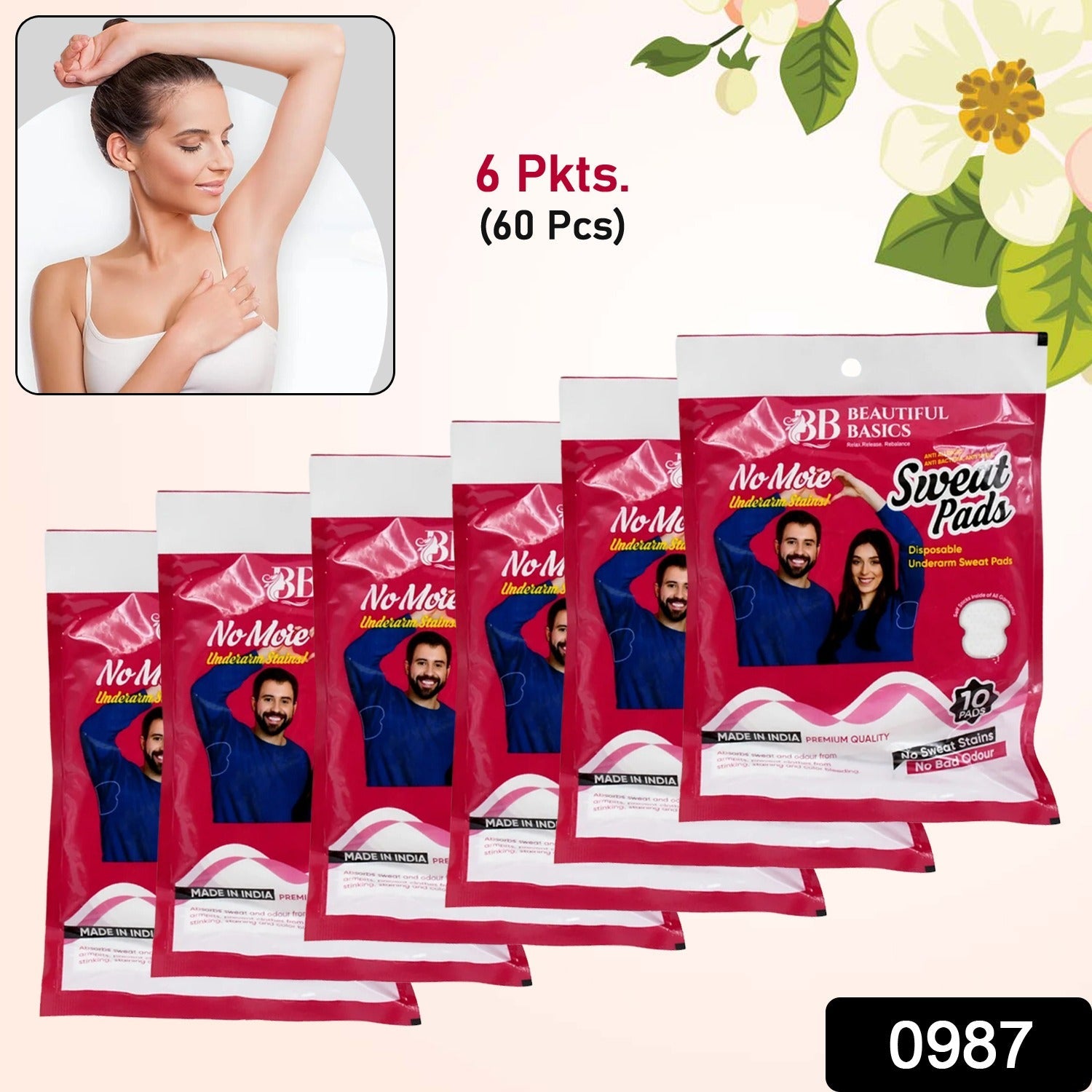 Disposable underarm sweat pads in a pack, highlighting absorbency.