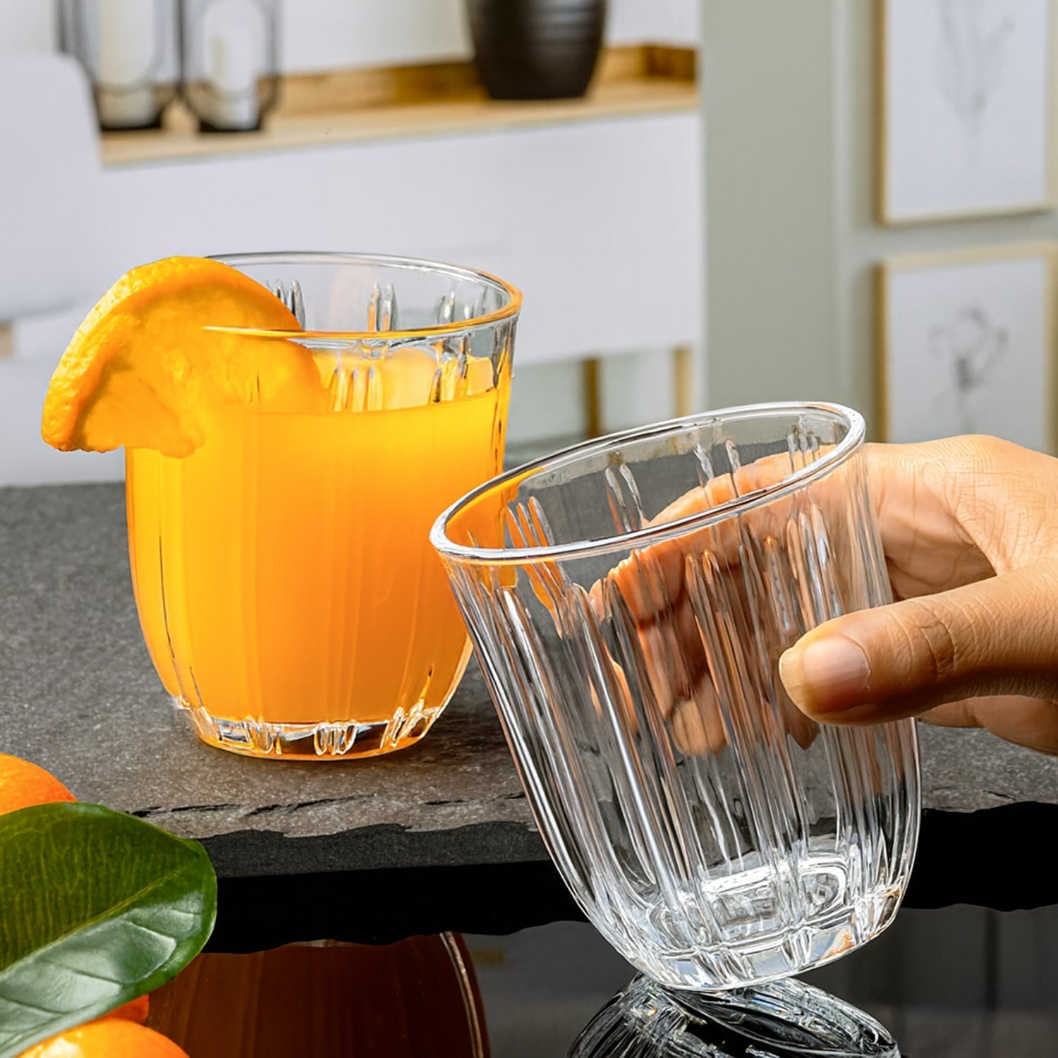 Classic clear glass tumblers with vertical ribbed finish