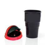 Mini car trash bin placed in a vehicle cup holder, highlighting its snug fit.