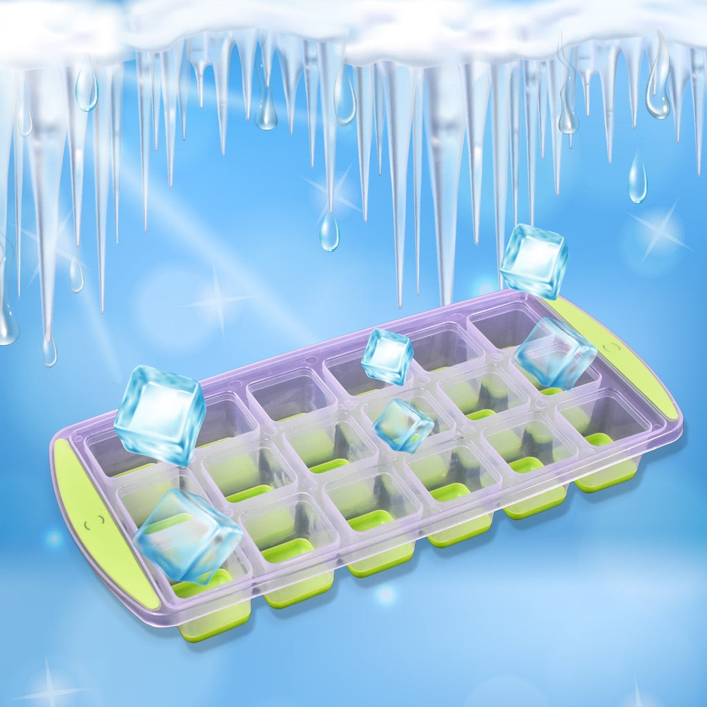 Detail view of a flexible silicone ice cube tray, demonstrating its bendability for easy ice release.
