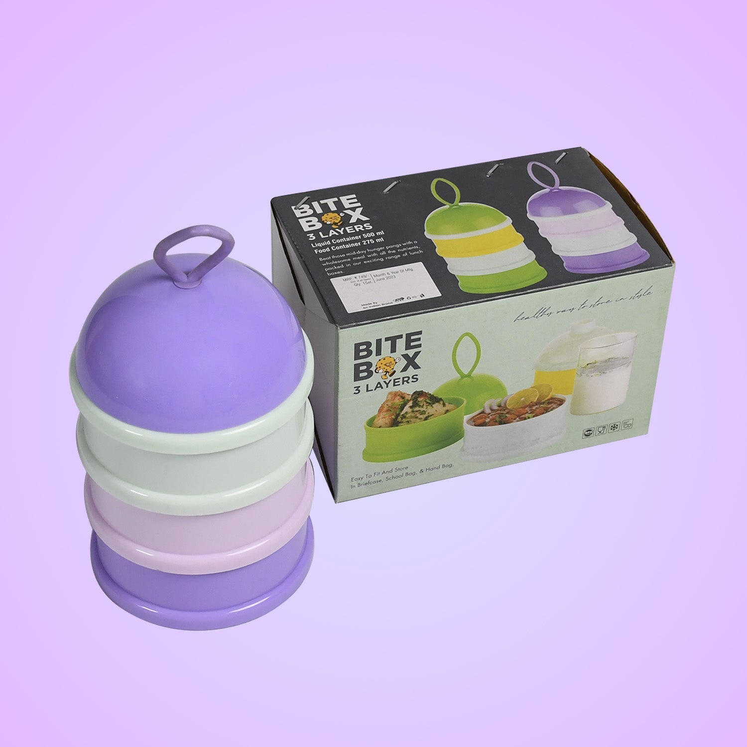 Purple 3-layer baby food storage box by Mini Bubbles, showing its stackable design.