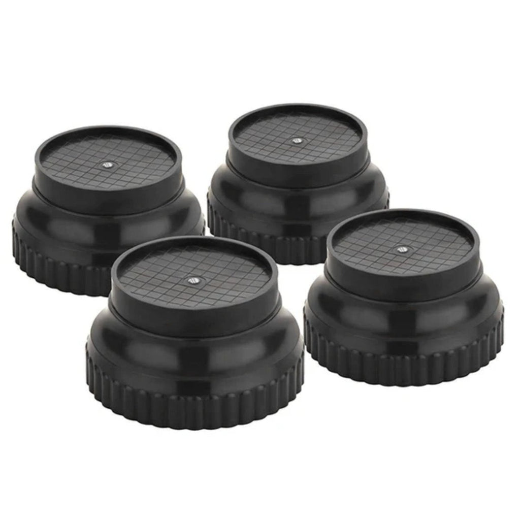 Close-up of a durable black plastic appliance stand leg, showing its sturdy design.