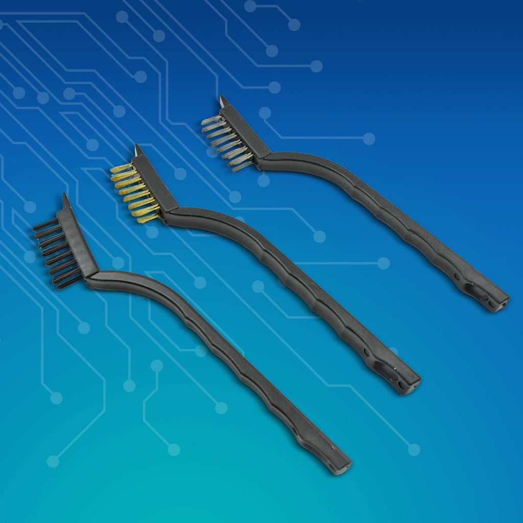 Assorted mini wire brushes in brass, steel, and nylon, ideal for detailed cleaning tasks.