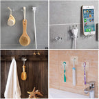 A transparent wall hook securely holding a coat and a towel in a modern hallway.