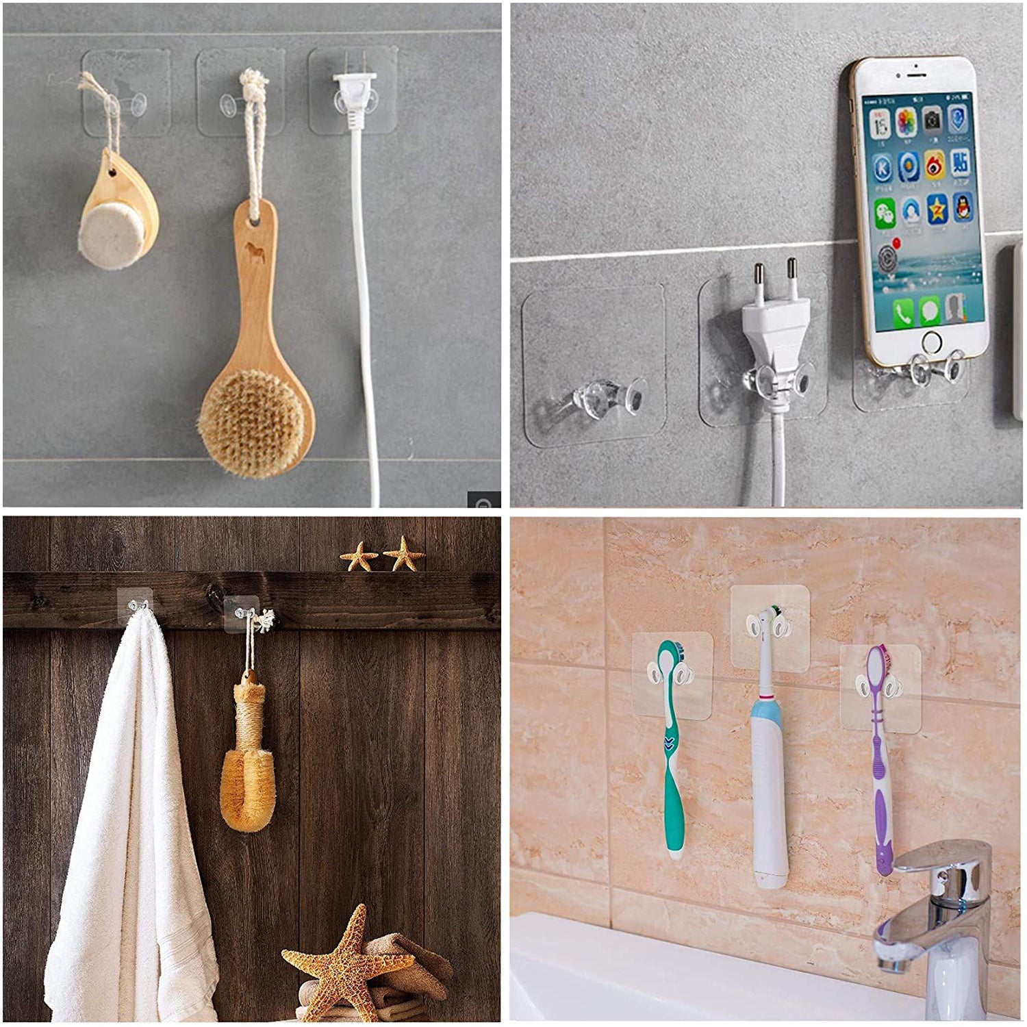 A transparent wall hook securely holding a coat and a towel in a modern hallway.
