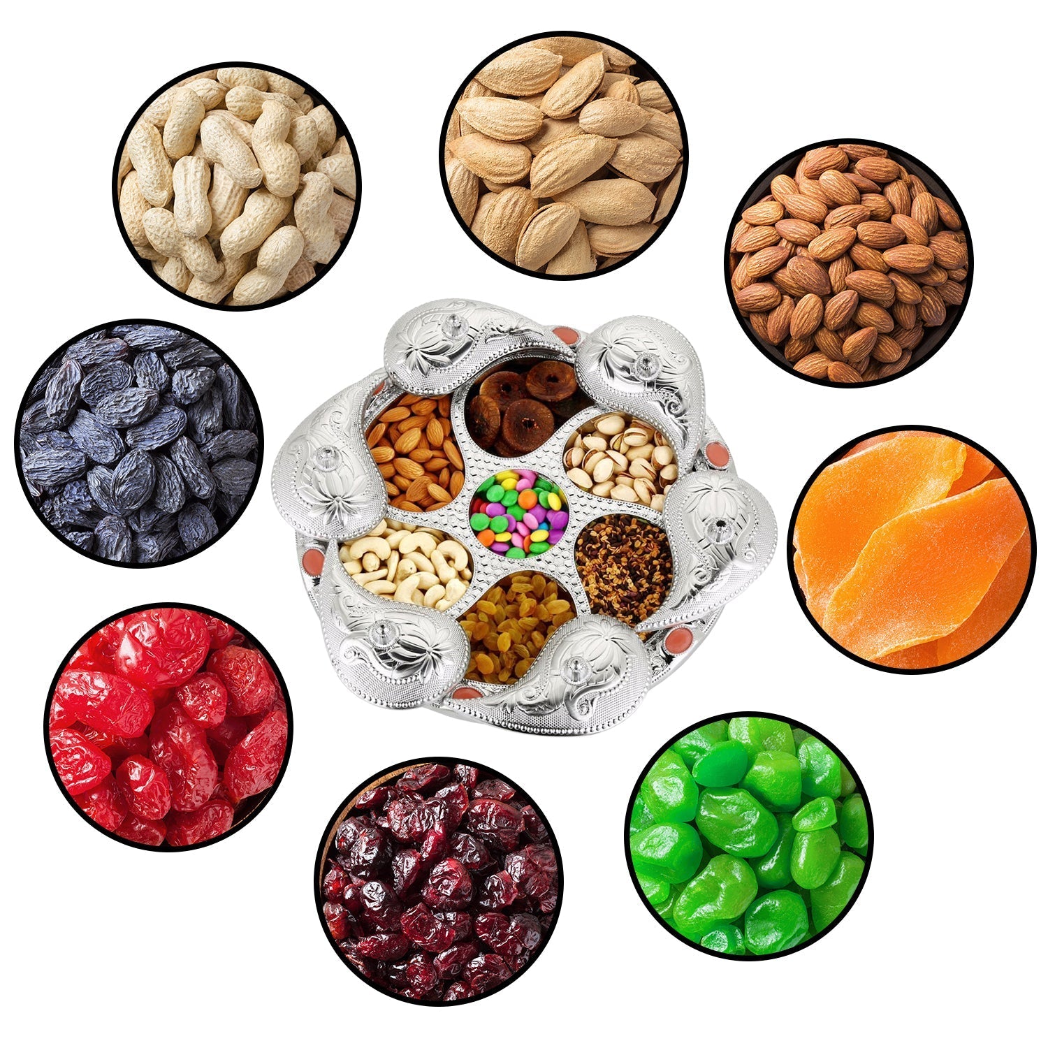 Multi-compartment Rotating Dry Fruit Tray on a table, ready for serving guests.